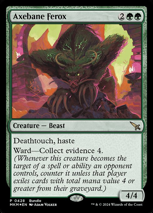 Deathtouch, haste
Ward—Collect evidence 4. (Whenever this creature becomes the target of a spell or ability an opponent controls, counter it unless that player exiles cards with total mana value 4 or greater from their graveyard.)