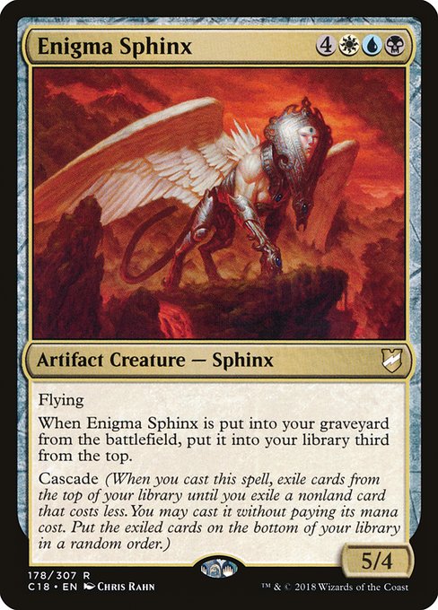 Flying
When Enigma Sphinx is put into your graveyard from the battlefield, put it into your library third from the top.
Cascade (When you cast this spell, exile cards from the top of your library until you exile a nonland card that costs less. You may cast it without paying its mana cost. Put the exiled cards on the bottom of your library in a random order.)