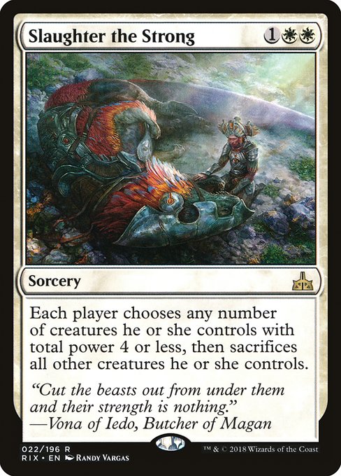 Each player chooses any number of creatures they control with total power 4 or less, then sacrifices all other creatures they control.