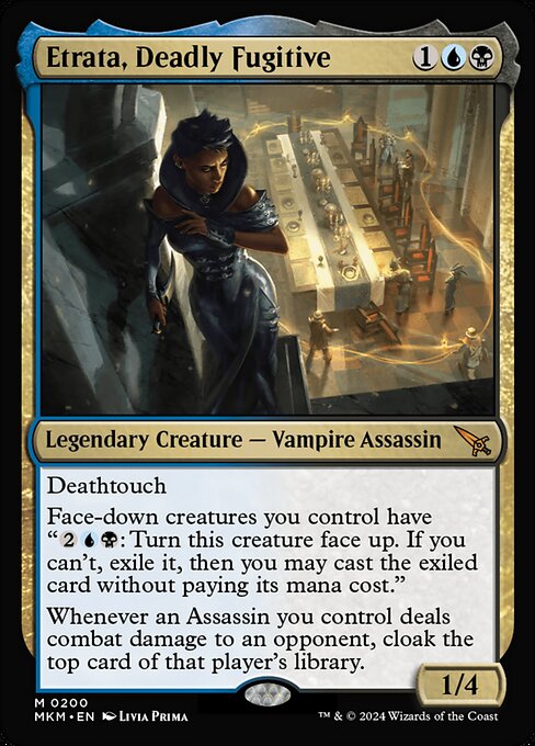 Deathtouch
Face-down creatures you control have "{2}{U}{B}: Turn this creature face up. If you can't, exile it, then you may cast the exiled card without paying its mana cost."
Whenever an Assassin you control deals combat damage to an opponent, cloak the top card of that player's library.