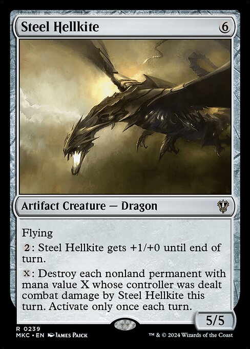 Flying
{2}: Steel Hellkite gets +1/+0 until end of turn.
{X}: Destroy each nonland permanent with mana value X whose controller was dealt combat damage by Steel Hellkite this turn. Activate only once each turn.