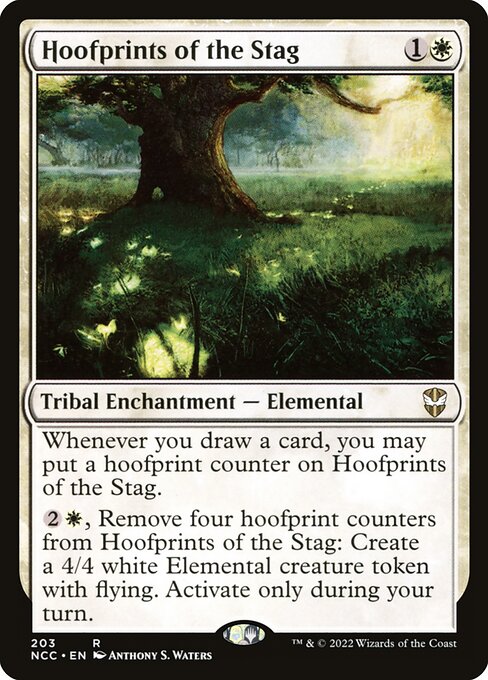 Whenever you draw a card, you may put a hoofprint counter on Hoofprints of the Stag.
{2}{W}, Remove four hoofprint counters from Hoofprints of the Stag: Create a 4/4 white Elemental creature token with flying. Activate only during your turn.