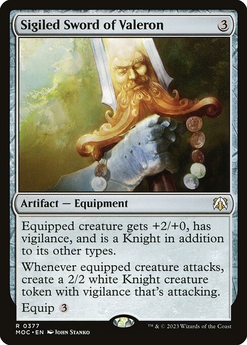 Equipped creature gets +2/+0, has vigilance, and is a Knight in addition to its other types.
Whenever equipped creature attacks, create a 2/2 white Knight creature token with vigilance that's attacking.
Equip {3}