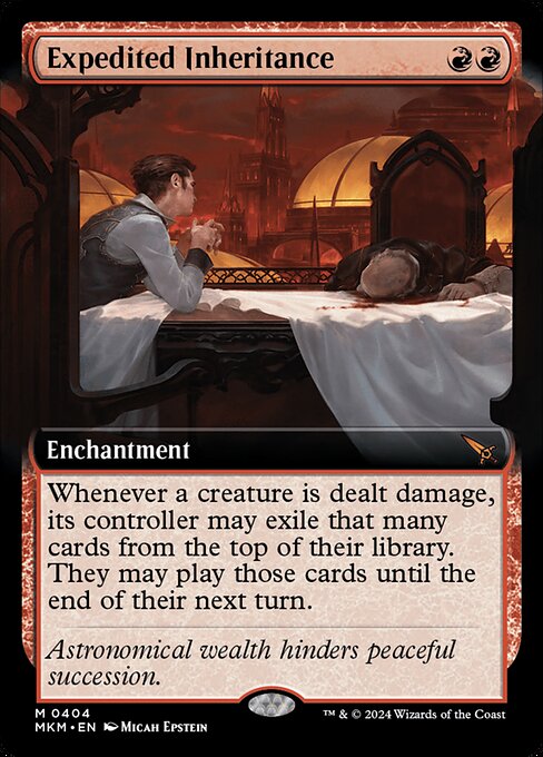 Whenever a creature is dealt damage, its controller may exile that many cards from the top of their library. They may play those cards until the end of their next turn.