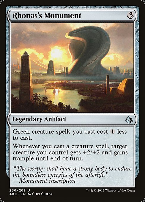 Green creature spells you cast cost {1} less to cast.
Whenever you cast a creature spell, target creature you control gets +2/+2 and gains trample until end of turn.