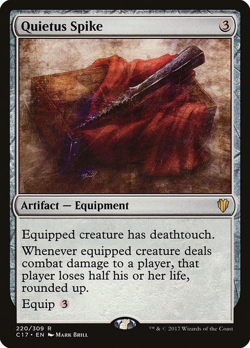 Equipped creature has deathtouch.
Whenever equipped creature deals combat damage to a player, that player loses half their life, rounded up.
Equip {3}