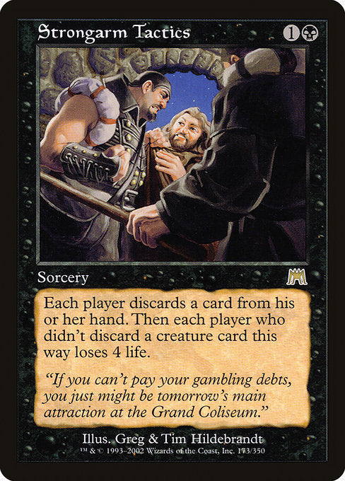 Each player discards a card. Then each player who didn't discard a creature card this way loses 4 life.