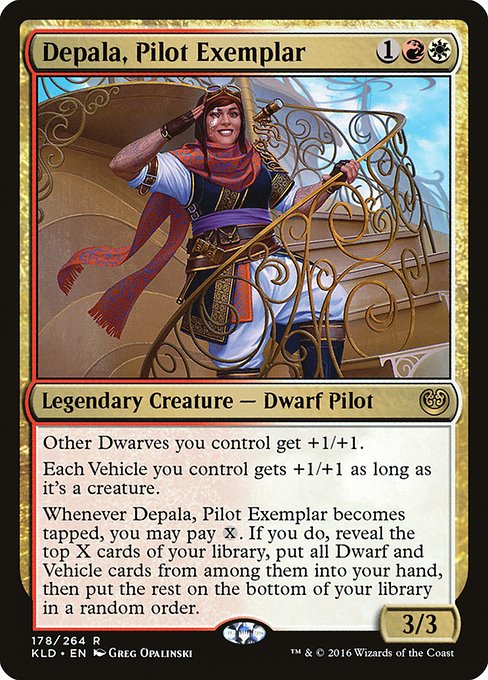 Other Dwarves you control get +1/+1.
Each Vehicle you control gets +1/+1 as long as it's a creature.
Whenever Depala, Pilot Exemplar becomes tapped, you may pay {X}. If you do, reveal the top X cards of your library, put all Dwarf and Vehicle cards from among them into your hand, then put the rest on the bottom of your library in a random order.