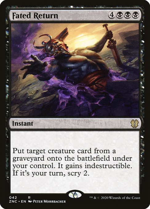 Put target creature card from a graveyard onto the battlefield under your control. It gains indestructible. If it's your turn, scry 2. (Look at the top two cards of your library, then put any number of them on the bottom of your library and the rest on top in any order.)