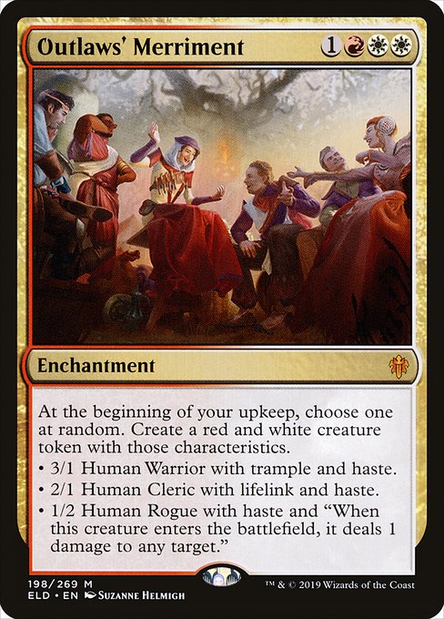 At the beginning of your upkeep, choose one at random. Create a red and white creature token with those characteristics.
• 3/1 Human Warrior with trample and haste.
• 2/1 Human Cleric with lifelink and haste.
• 1/2 Human Rogue with haste and "When this creature enters the battlefield, it deals 1 damage to any target."