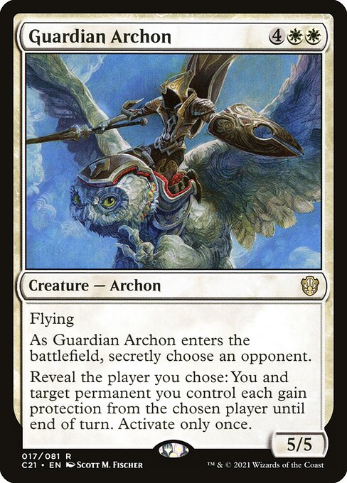 Flying
As Guardian Archon enters the battlefield, secretly choose an opponent.
Reveal the player you chose: You and target permanent you control each gain protection from the chosen player until end of turn. Activate only once.