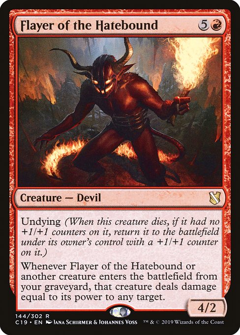 Undying (When this creature dies, if it had no +1/+1 counters on it, return it to the battlefield under its owner's control with a +1/+1 counter on it.)
Whenever Flayer of the Hatebound or another creature enters the battlefield from your graveyard, that creature deals damage equal to its power to any target.