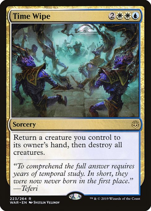 Return a creature you control to its owner's hand, then destroy all creatures.