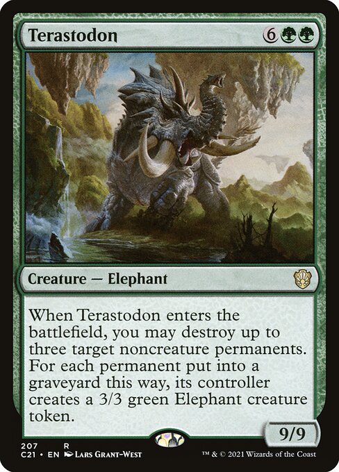 When Terastodon enters the battlefield, you may destroy up to three target noncreature permanents. For each permanent put into a graveyard this way, its controller creates a 3/3 green Elephant creature token.