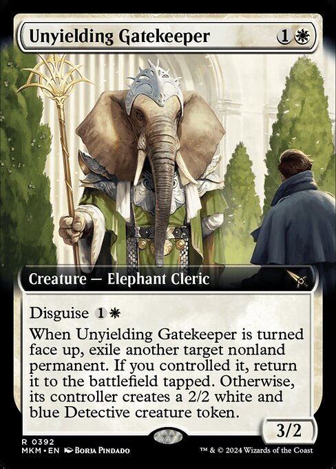 Disguise {1}{W} (You may cast this card face down for {3} as a 2/2 creature with ward {2}. Turn it face up any time for its disguise cost.)
When Unyielding Gatekeeper is turned face up, exile another target nonland permanent. If you controlled it, return it to the battlefield tapped. Otherwise, its controller creates a 2/2 white and blue Detective creature token.
