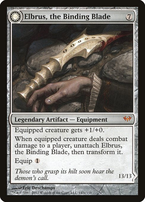 Equipped creature gets +1/+0.
When equipped creature deals combat damage to a player, unattach Elbrus, the Binding Blade, then transform it.
Equip {1}
Flying, intimidate, trample (A creature with intimidate can't be blocked except by artifact creatures and/or creatures that share a color with it.)
Whenever a player loses the game, put thirteen +1/+1 counters on Withengar Unbound.
