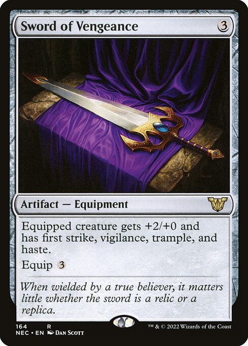Equipped creature gets +2/+0 and has first strike, vigilance, trample, and haste.
Equip {3}