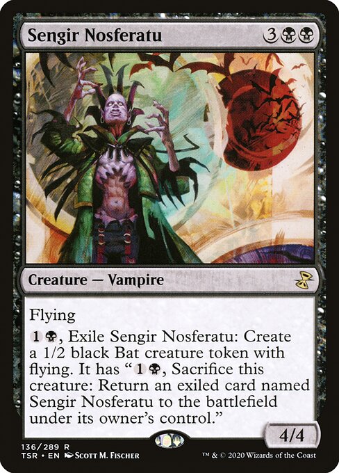 Flying
{1}{B}, Exile Sengir Nosferatu: Create a 1/2 black Bat creature token with flying. It has "{1}{B}, Sacrifice this creature: Return an exiled card named Sengir Nosferatu to the battlefield under its owner's control."