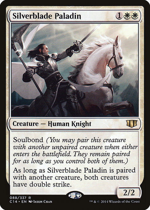 Soulbond (You may pair this creature with another unpaired creature when either enters the battlefield. They remain paired for as long as you control both of them.)
As long as Silverblade Paladin is paired with another creature, both creatures have double strike.