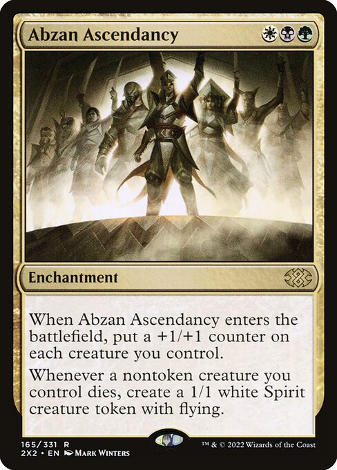 When Abzan Ascendancy enters the battlefield, put a +1/+1 counter on each creature you control.
Whenever a nontoken creature you control dies, create a 1/1 white Spirit creature token with flying.