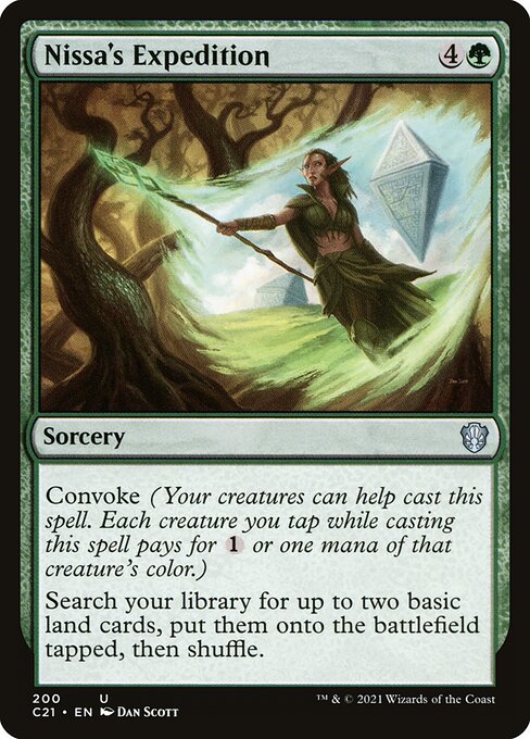 Convoke (Your creatures can help cast this spell. Each creature you tap while casting this spell pays for {1} or one mana of that creature's color.)
Search your library for up to two basic land cards, put them onto the battlefield tapped, then shuffle.