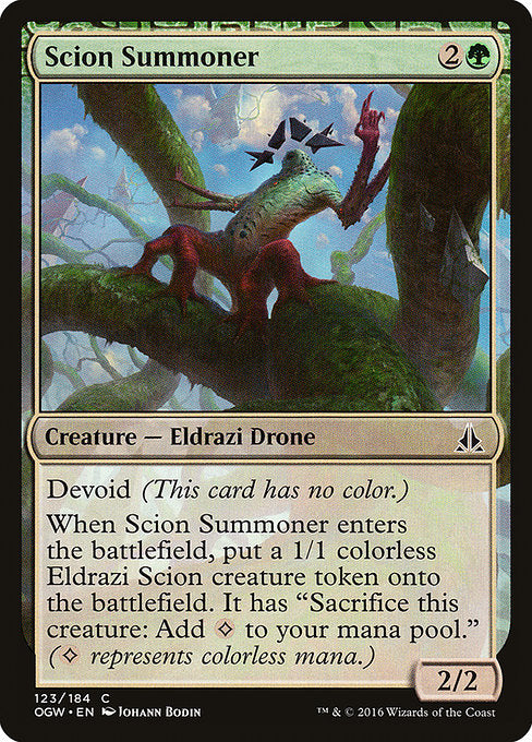 Devoid (This card has no color.)
When Scion Summoner enters the battlefield, create a 1/1 colorless Eldrazi Scion creature token. It has "Sacrifice this creature: Add {C}." ({C} represents colorless mana.)