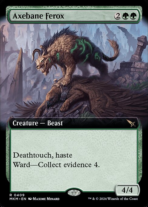 Deathtouch, haste
Ward—Collect evidence 4. (Whenever this creature becomes the target of a spell or ability an opponent controls, counter it unless that player exiles cards with total mana value 4 or greater from their graveyard.)