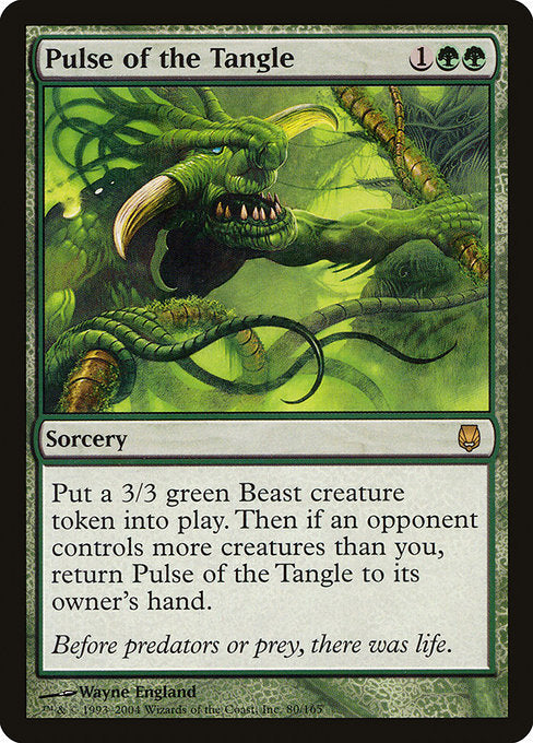 Create a 3/3 green Beast creature token. Then if an opponent controls more creatures than you, return Pulse of the Tangle to its owner's hand.