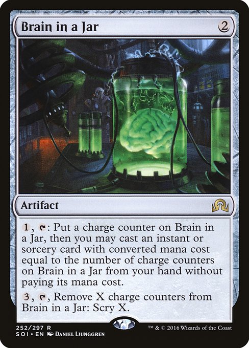 {1}, {T}: Put a charge counter on Brain in a Jar, then you may cast an instant or sorcery spell with mana value equal to the number of charge counters on Brain in a Jar from your hand without paying its mana cost.
{3}, {T}, Remove X charge counters from Brain in a Jar: Scry X.
