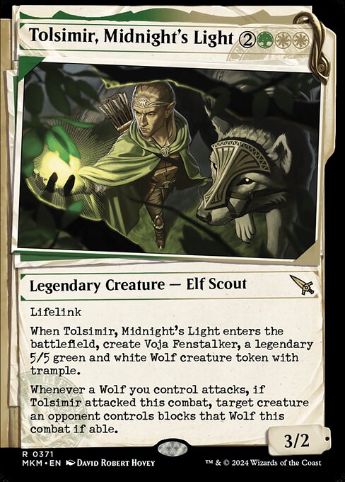 Lifelink
When Tolsimir, Midnight's Light enters the battlefield, create Voja Fenstalker, a legendary 5/5 green and white Wolf creature token with trample.
Whenever a Wolf you control attacks, if Tolsimir attacked this combat, target creature an opponent controls blocks that Wolf this combat if able.