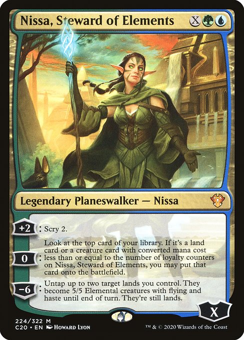 '+2: Scry 2.
0: Look at the top card of your library. If it's a land card or a creature card with mana value less than or equal to the number of loyalty counters on Nissa, Steward of Elements, you may put that card onto the battlefield.
−6: Untap up to two target lands you control. They become 5/5 Elemental creatures with flying and haste until end of turn. They're still lands.