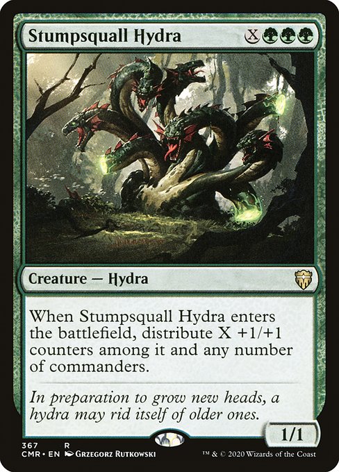 When Stumpsquall Hydra enters the battlefield, distribute X +1/+1 counters among it and any number of commanders.