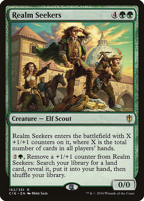 Realm Seekers enters the battlefield with X +1/+1 counters on it, where X is the total number of cards in all players' hands.
{2}{G}, Remove a +1/+1 counter from Realm Seekers: Search your library for a land card, reveal it, put it into your hand, then shuffle.