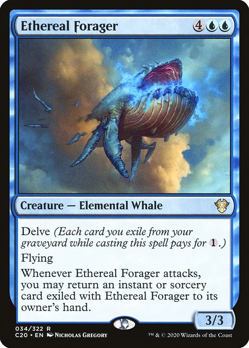 Delve (Each card you exile from your graveyard while casting this spell pays for {1}.)
Flying
Whenever Ethereal Forager attacks, you may return an instant or sorcery card exiled with Ethereal Forager to its owner's hand.