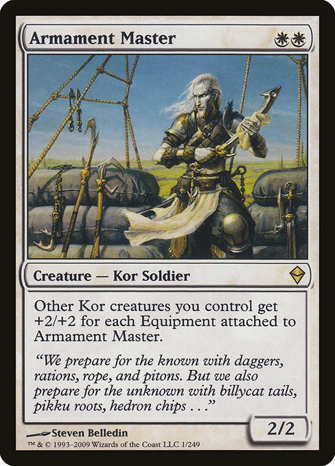 Other Kor creatures you control get +2/+2 for each Equipment attached to Armament Master.