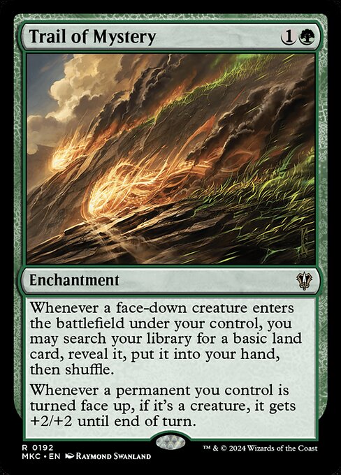 Whenever a face-down creature enters the battlefield under your control, you may search your library for a basic land card, reveal it, put it into your hand, then shuffle.
Whenever a permanent you control is turned face up, if it's a creature, it gets +2/+2 until end of turn.