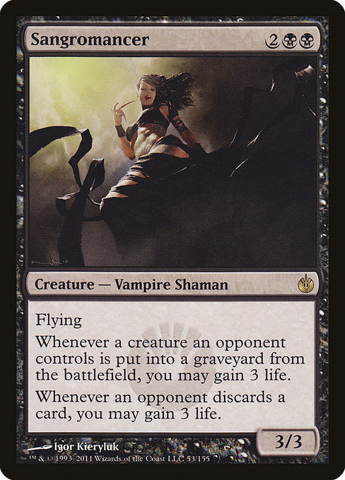 Flying
Whenever a creature an opponent controls dies, you may gain 3 life.
Whenever an opponent discards a card, you may gain 3 life.