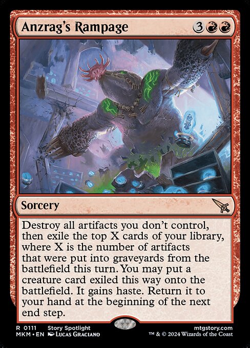 Destroy all artifacts you don't control, then exile the top X cards of your library, where X is the number of artifacts that were put into graveyards from the battlefield this turn. You may put a creature card exiled this way onto the battlefield. It gains haste. Return it to your hand at the beginning of the next end step.