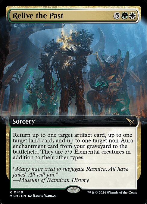 Return up to one target artifact card, up to one target land card, and up to one target non-Aura enchantment card from your graveyard to the battlefield. They are 5/5 Elemental creatures in addition to their other types.