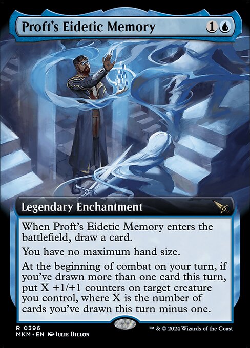 When Proft's Eidetic Memory enters the battlefield, draw a card.
You have no maximum hand size.
At the beginning of combat on your turn, if you've drawn more than one card this turn, put X +1/+1 counters on target creature you control, where X is the number of cards you've drawn this turn minus one.