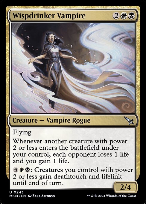 Flying
Whenever another creature with power 2 or less enters the battlefield under your control, each opponent loses 1 life and you gain 1 life.
{5}{W}{B}: Creatures you control with power 2 or less gain deathtouch and lifelink until end of turn.