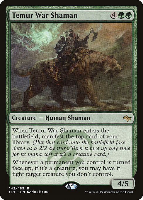 When Temur War Shaman enters the battlefield, manifest the top card of your library. (Put that card onto the battlefield face down as a 2/2 creature. Turn it face up any time for its mana cost if it's a creature card.)
Whenever a permanent you control is turned face up, if it's a creature, you may have it fight target creature you don't control.