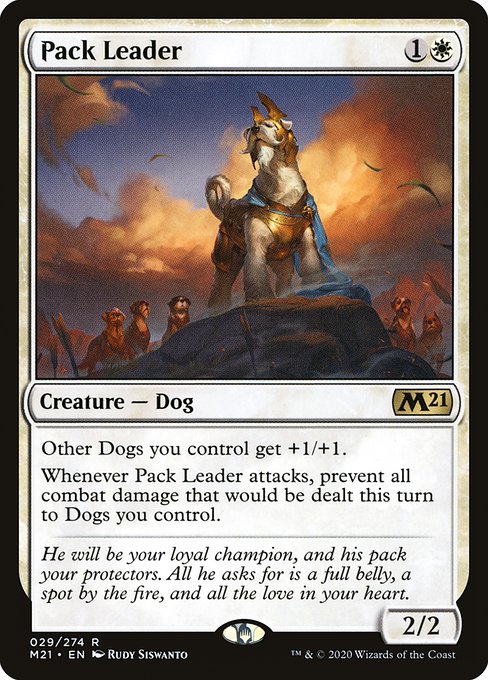 Other Dogs you control get +1/+1.
Whenever Pack Leader attacks, prevent all combat damage that would be dealt this turn to Dogs you control.