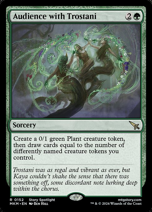 Create a 0/1 green Plant creature token, then draw cards equal to the number of differently named creature tokens you control.