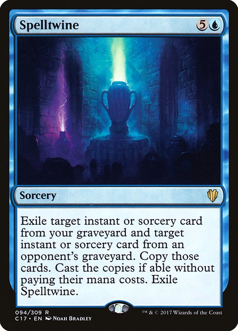 Exile target instant or sorcery card from your graveyard and target instant or sorcery card from an opponent's graveyard. Copy those cards. Cast the copies if able without paying their mana costs. Exile Spelltwine.