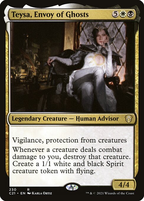 Vigilance, protection from creatures
Whenever a creature deals combat damage to you, destroy that creature. Create a 1/1 white and black Spirit creature token with flying.