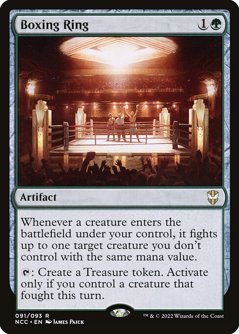 Whenever a creature enters the battlefield under your control, it fights up to one target creature you don't control with the same mana value.
{T}: Create a Treasure token. Activate only if you control a creature that fought this turn.