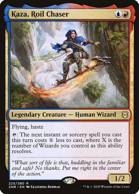 Flying, haste
{T}: The next instant or sorcery spell you cast this turn costs {X} less to cast, where X is the number of Wizards you control as this ability resolves.