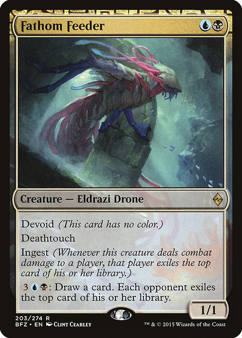 Devoid (This card has no color.)
Deathtouch
Ingest (Whenever this creature deals combat damage to a player, that player exiles the top card of their library.)
{3}{U}{B}: Draw a card. Each opponent exiles the top card of their library.