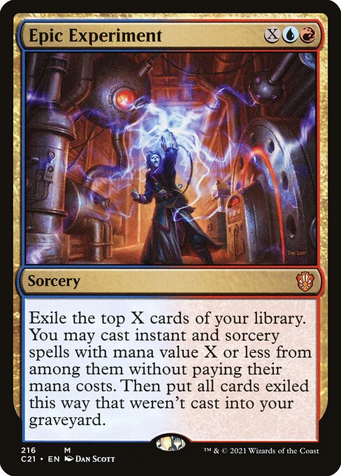 Exile the top X cards of your library. You may cast instant and sorcery spells with mana value X or less from among them without paying their mana costs. Then put all cards exiled this way that weren't cast into your graveyard.